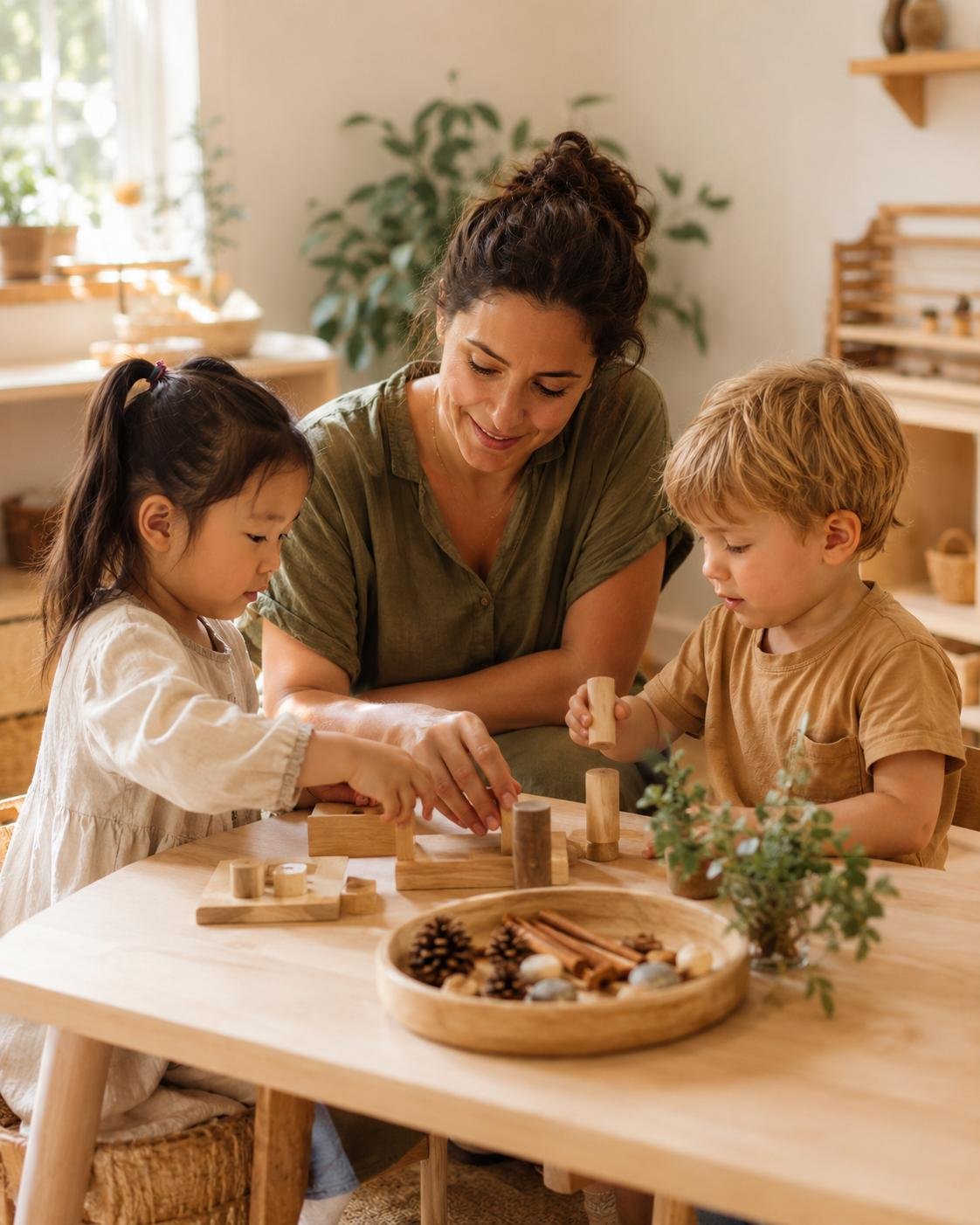 Begeleider aan tafel met twee kinderen